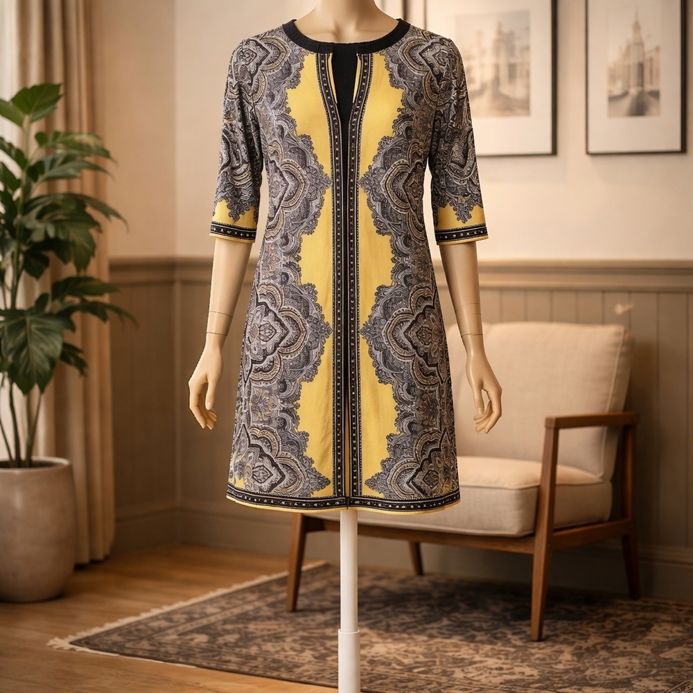 Sandra Darren Yellow and Gray Paisley Midi Dress